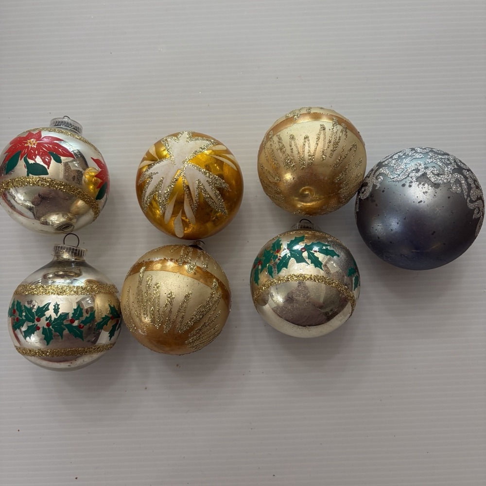 Lot Of 7 Vintage Glass Christmas Ornaments Mercury Glass Poinsettia Glitter MCM